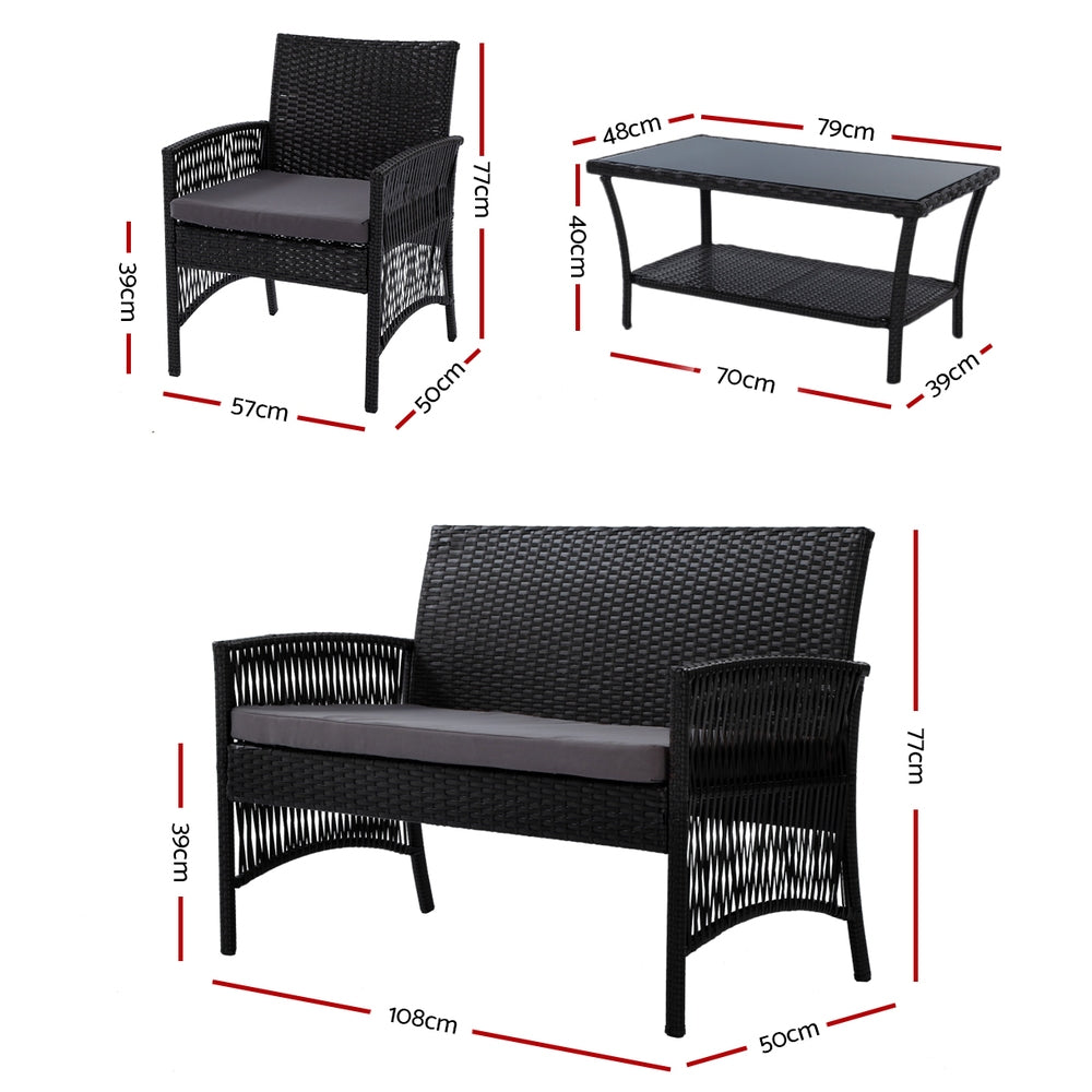 Gardeon 4 PCS Outdoor Furniture Lounge Setting Wicker Dining Set Black