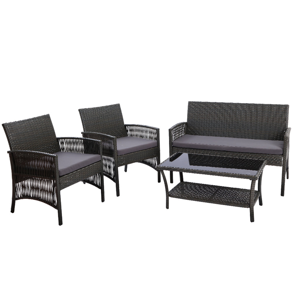 Gardeon 4 PCS Outdoor Furniture Lounge Setting Wicker Dining Set Grey