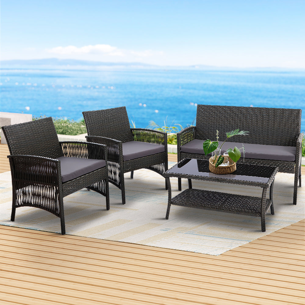 Gardeon 4 PCS Outdoor Furniture Lounge Setting Wicker Dining Set Grey