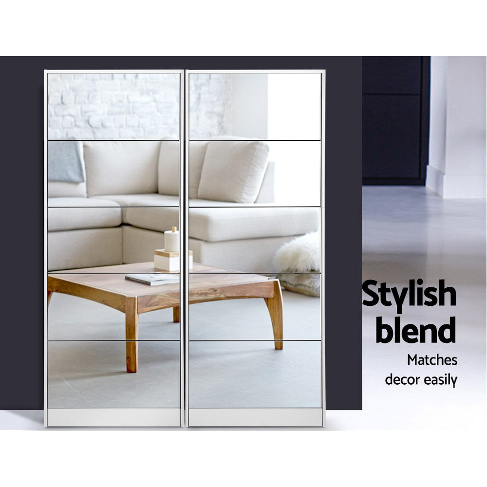 Artiss 5 Drawer Mirrored Wooden Shoe Cabinet - White
