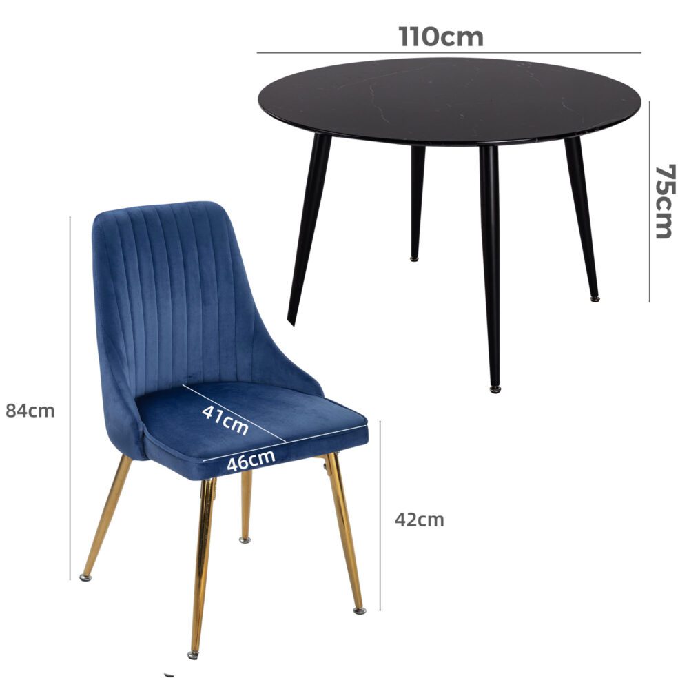 Black Round Dining Table and Chair Set Blue Velvet