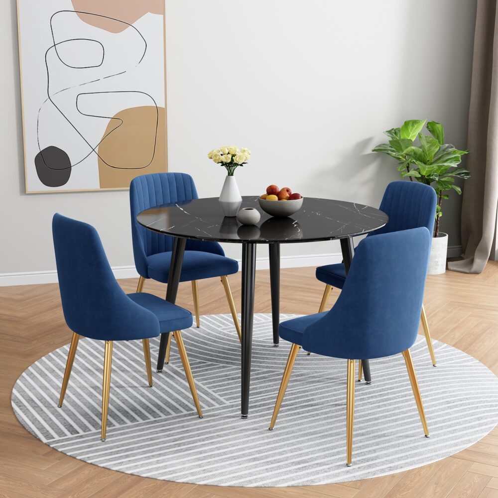 Black Round Dining Table and Chair Set Blue Velvet