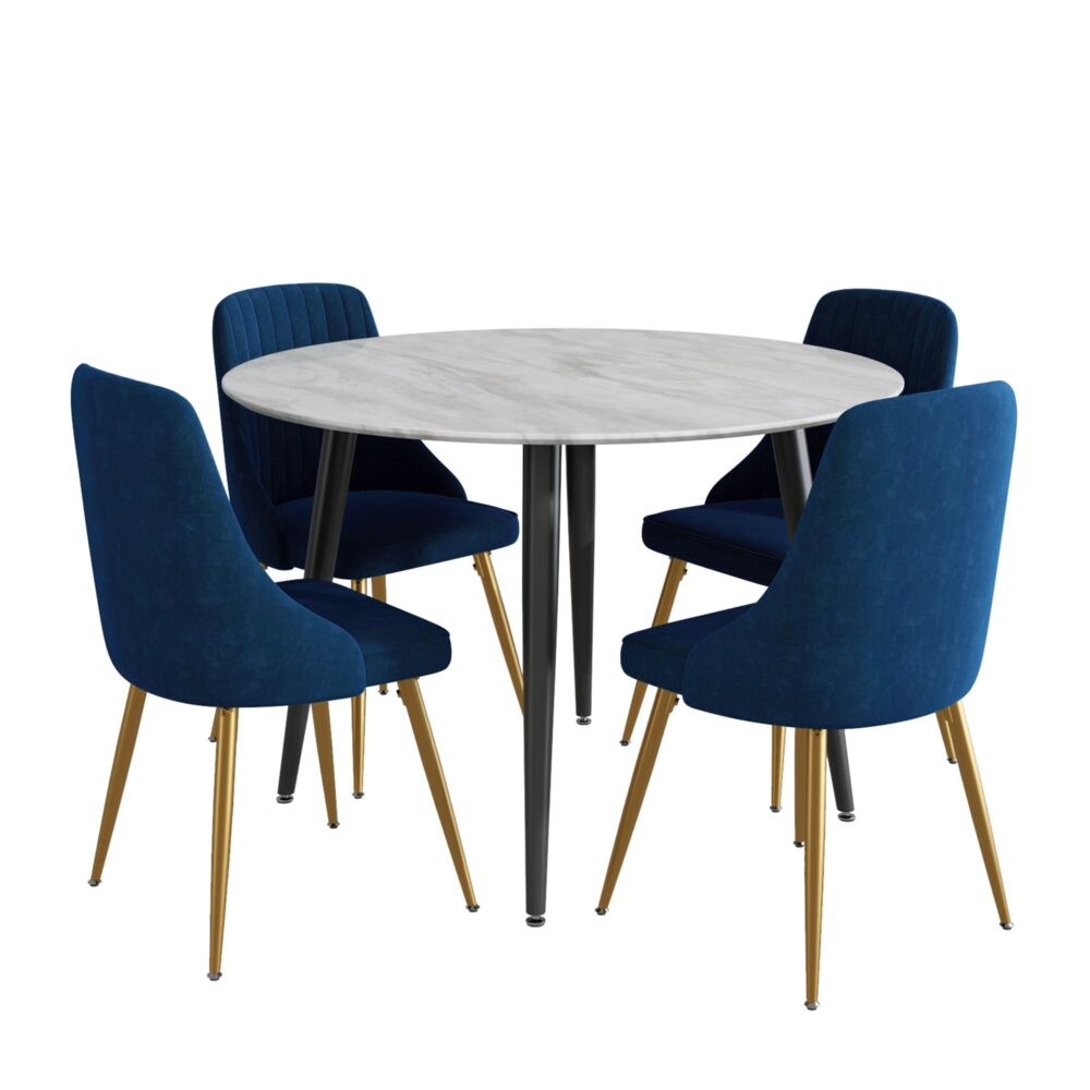 5PC Round Dining Table and Chair Sets Velvet Blue