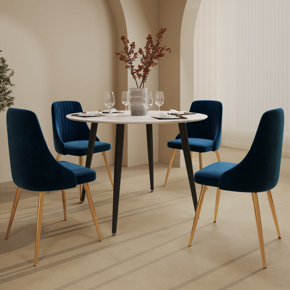 5PC Round Dining Table and Chair Sets Velvet Blue