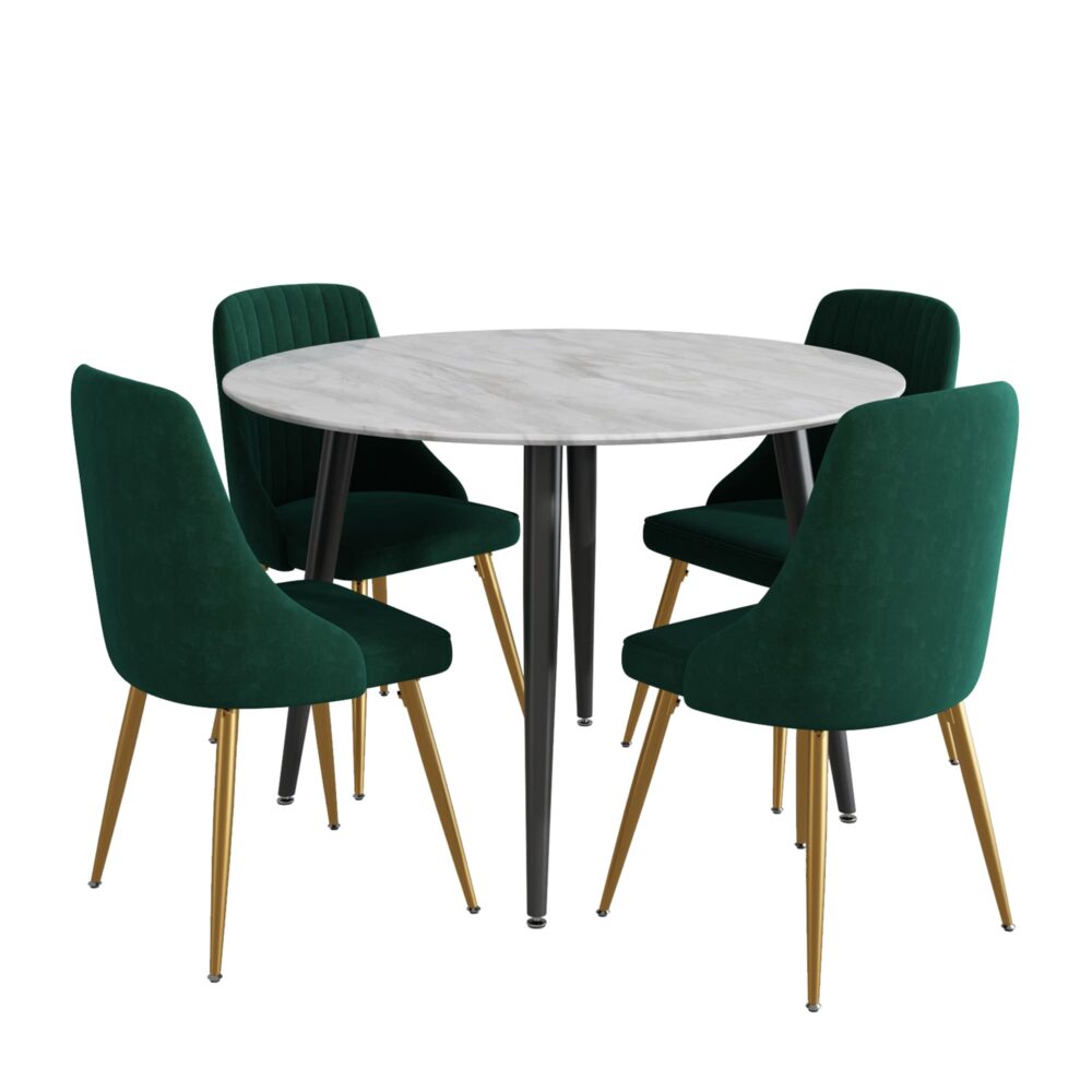 5PC Round Dining Table and Chair Set Green Velvet
