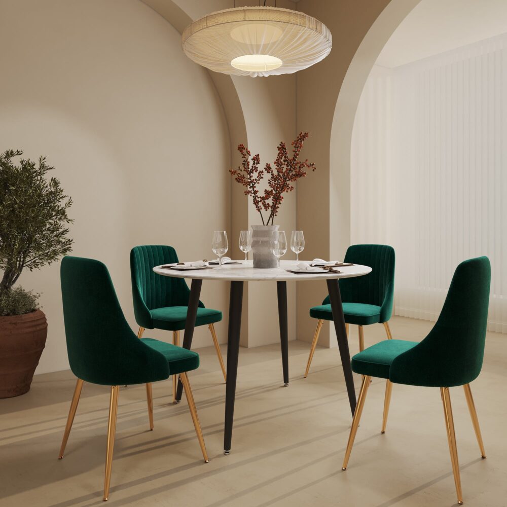 5PC Round Dining Table and Chair Set Green Velvet