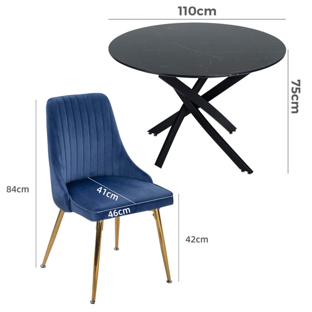 Black Round Marble-Effect Table and Chair Set Navy