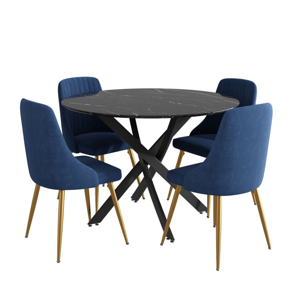 Black Round Marble-Effect Table and Chair Set Navy