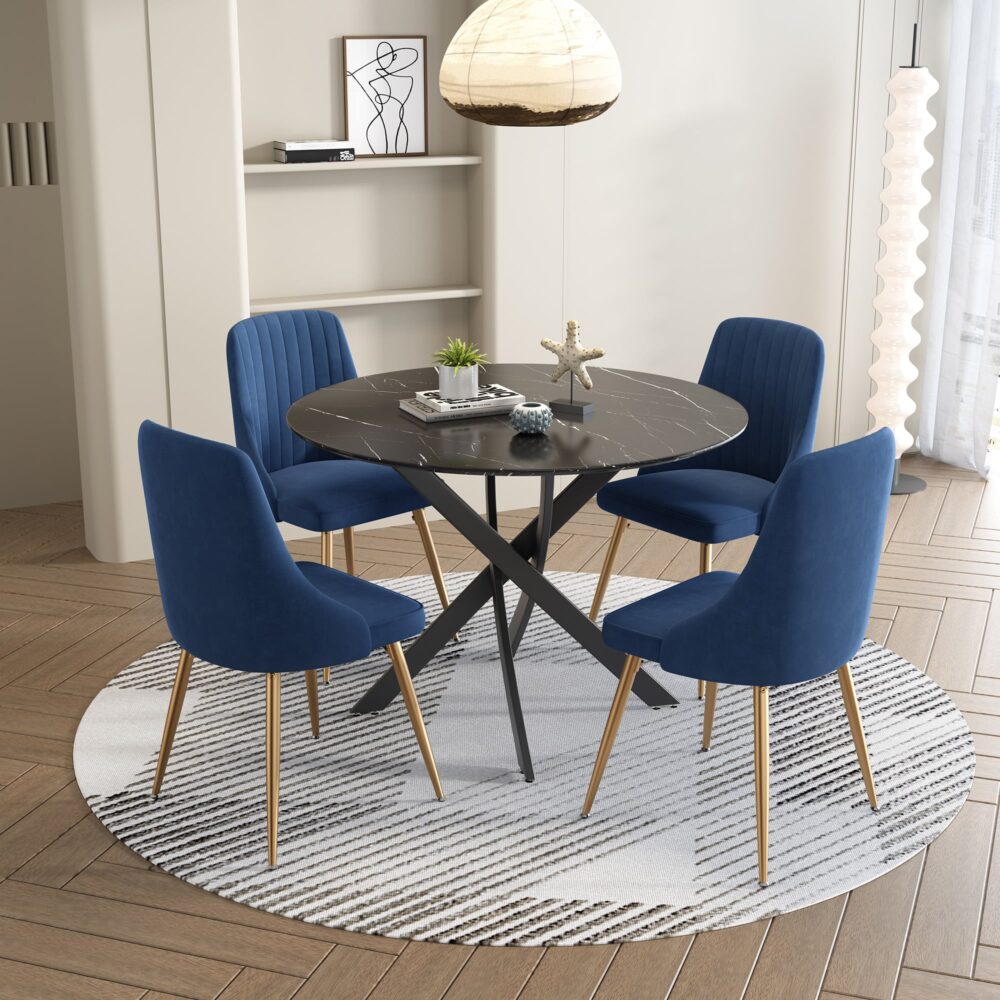 Black Round Marble-Effect Table and Chair Set Navy