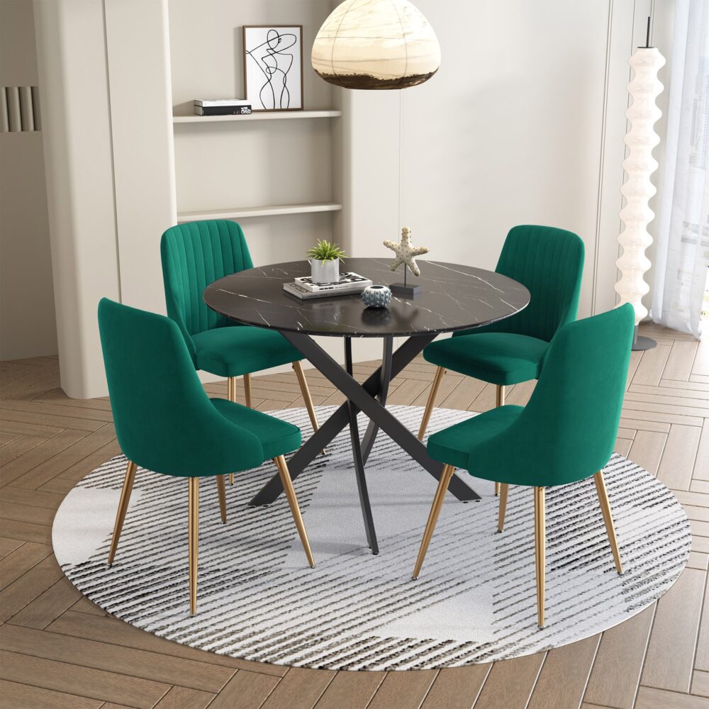 Black Round Marble-Effect Table and Chair Set Green Velvet