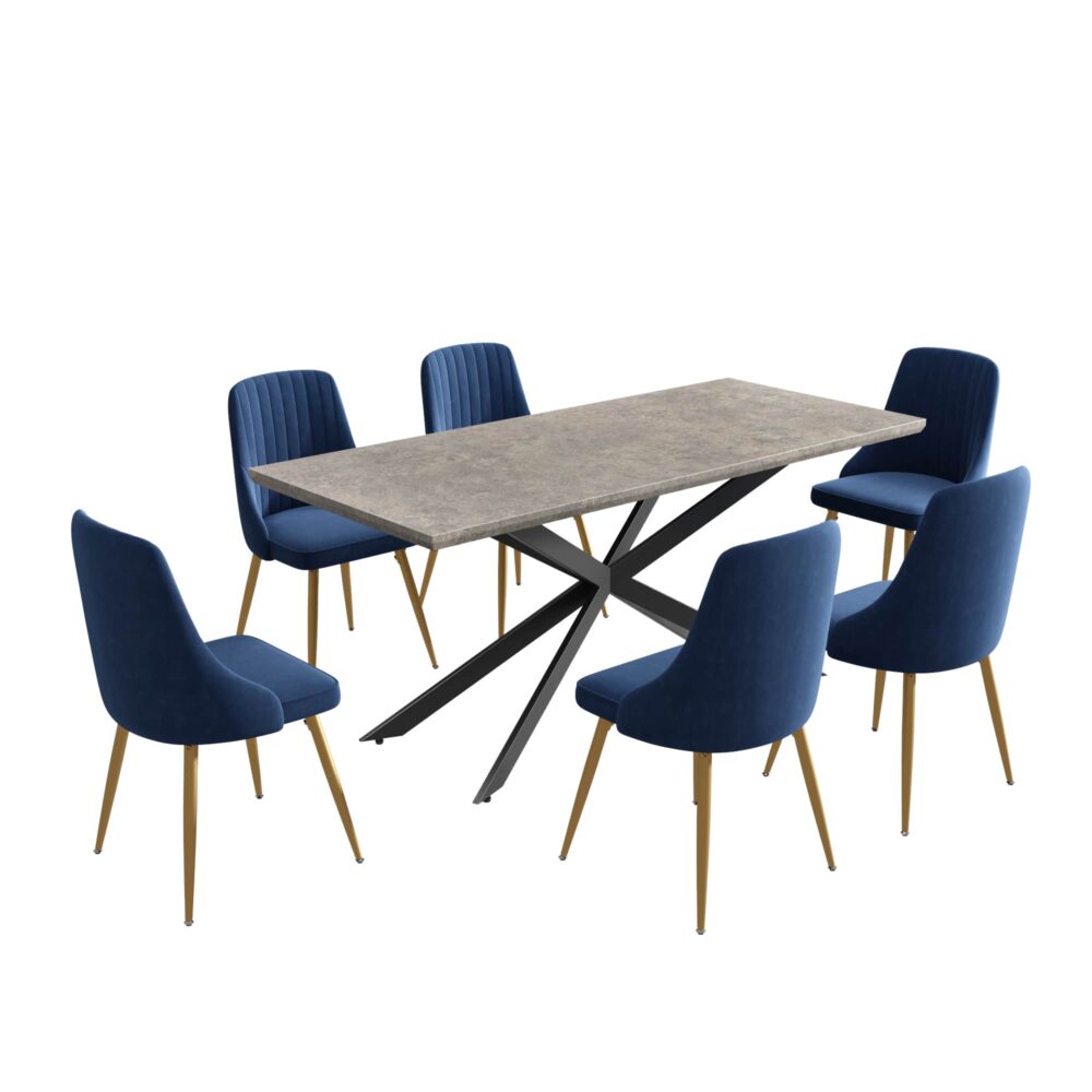 Dining Set Rectangular Table with 6 Navy Velvet Chairs