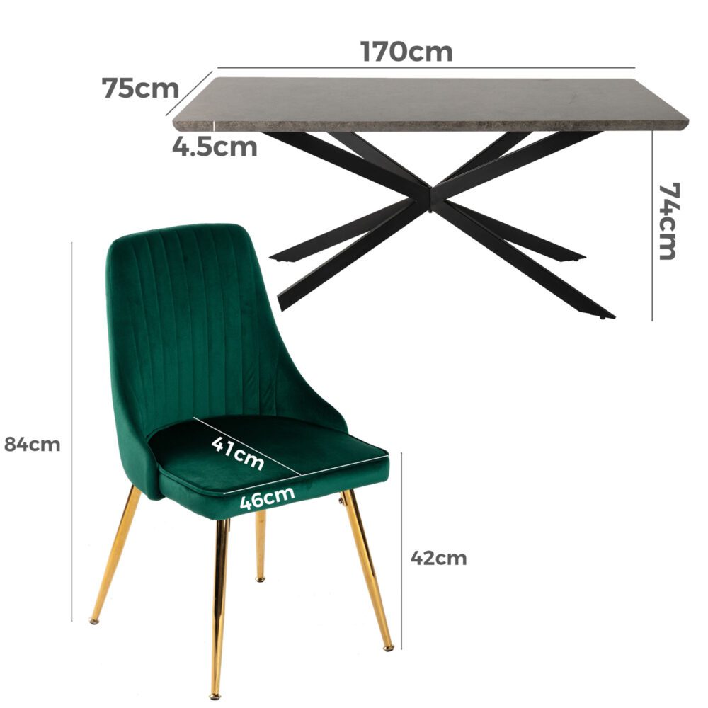 Dining Set Rectangular Table with 6 Green Velvet Chairs