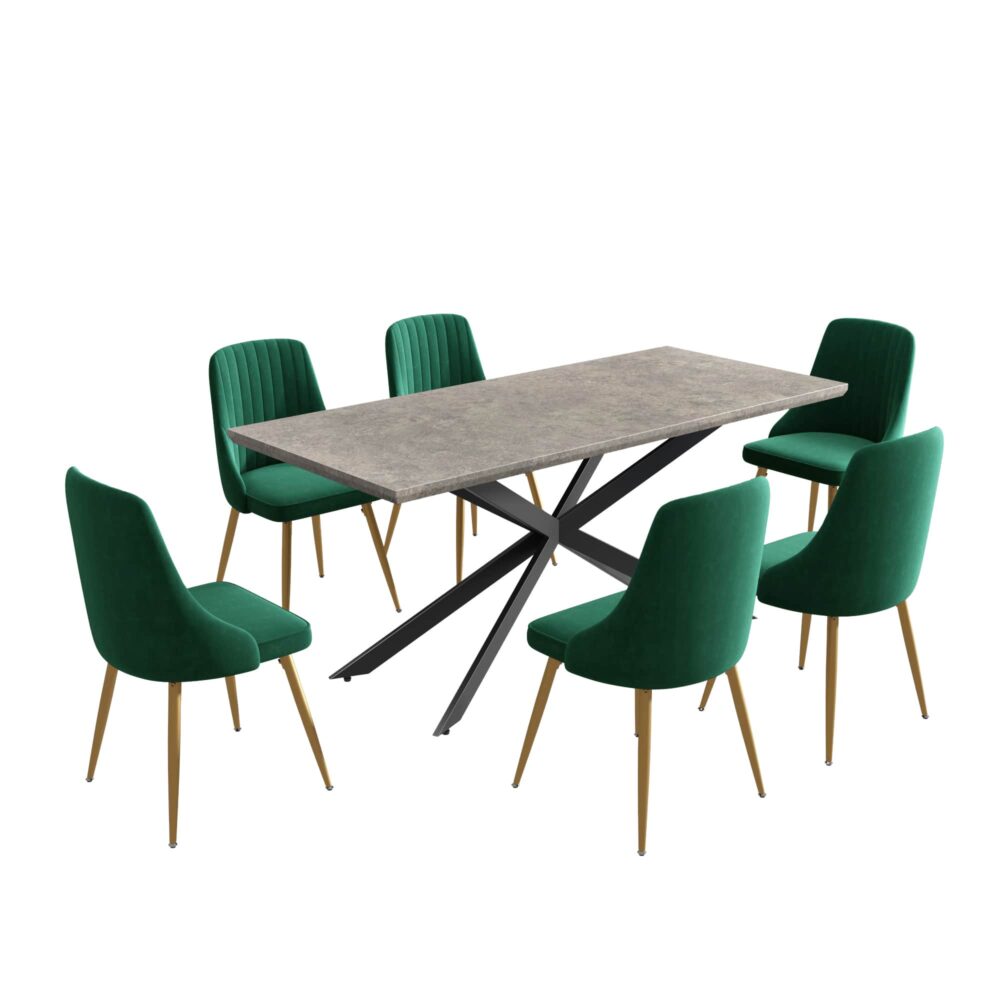 Dining Set Rectangular Table with 6 Green Velvet Chairs