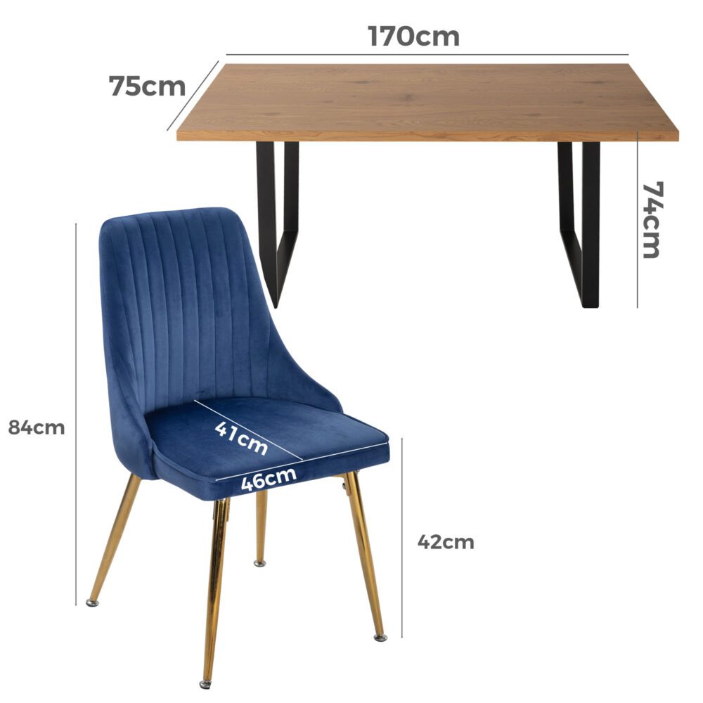 Dining Set Rectangle Natural Table with 6 Navy Velvet Chair
