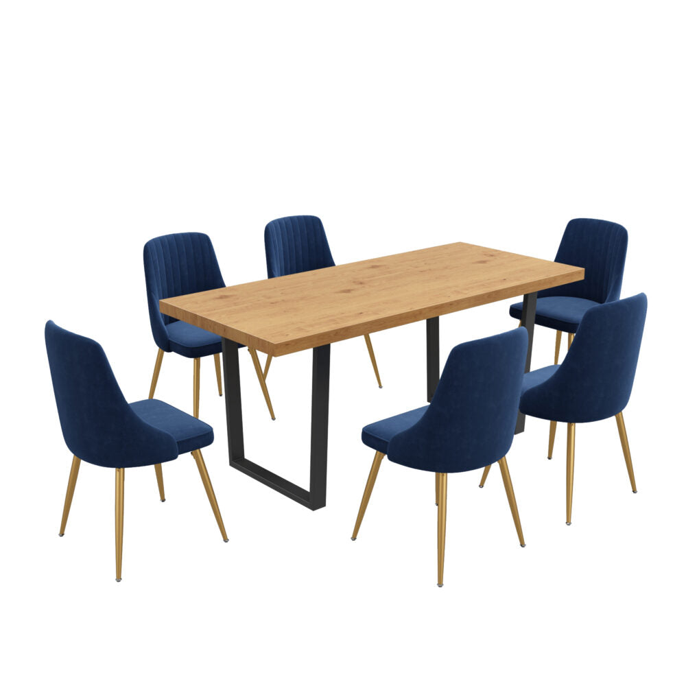 Dining Set Rectangle Natural Table with 6 Navy Velvet Chair
