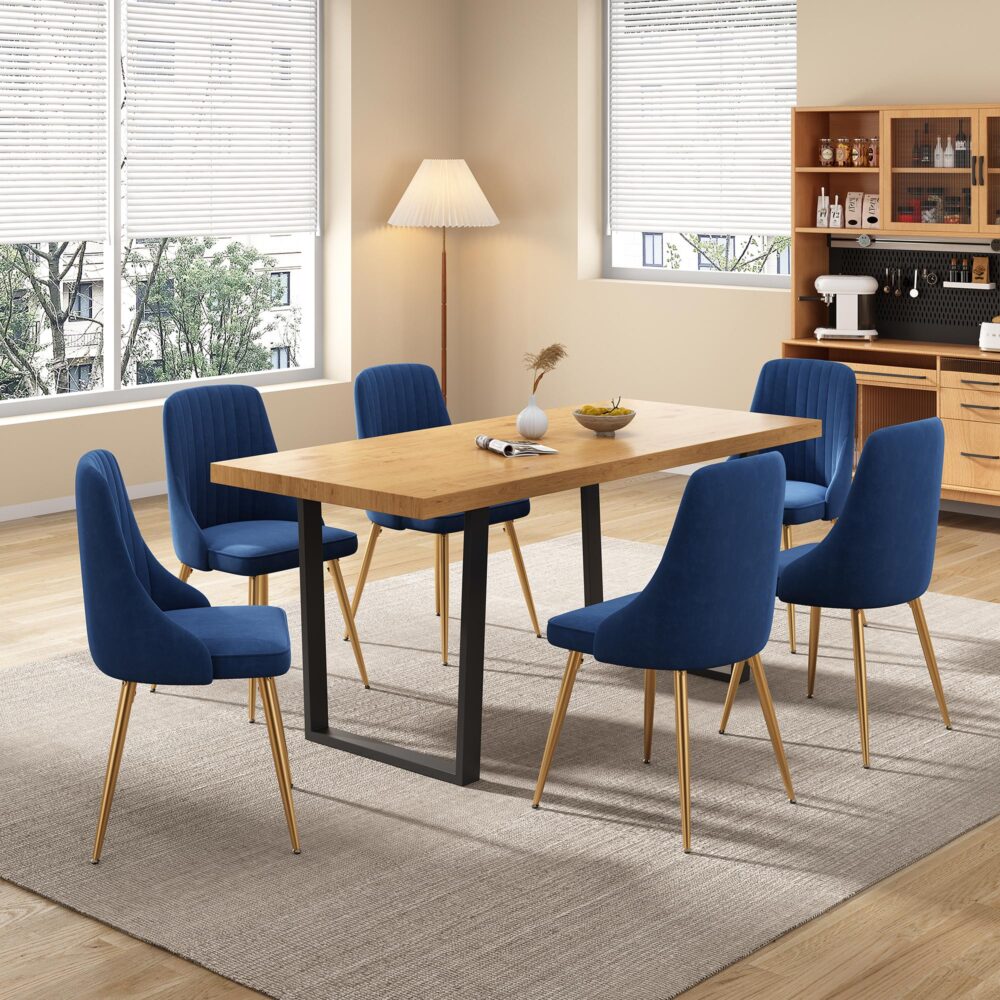 Dining Set Rectangle Natural Table with 6 Navy Velvet Chair