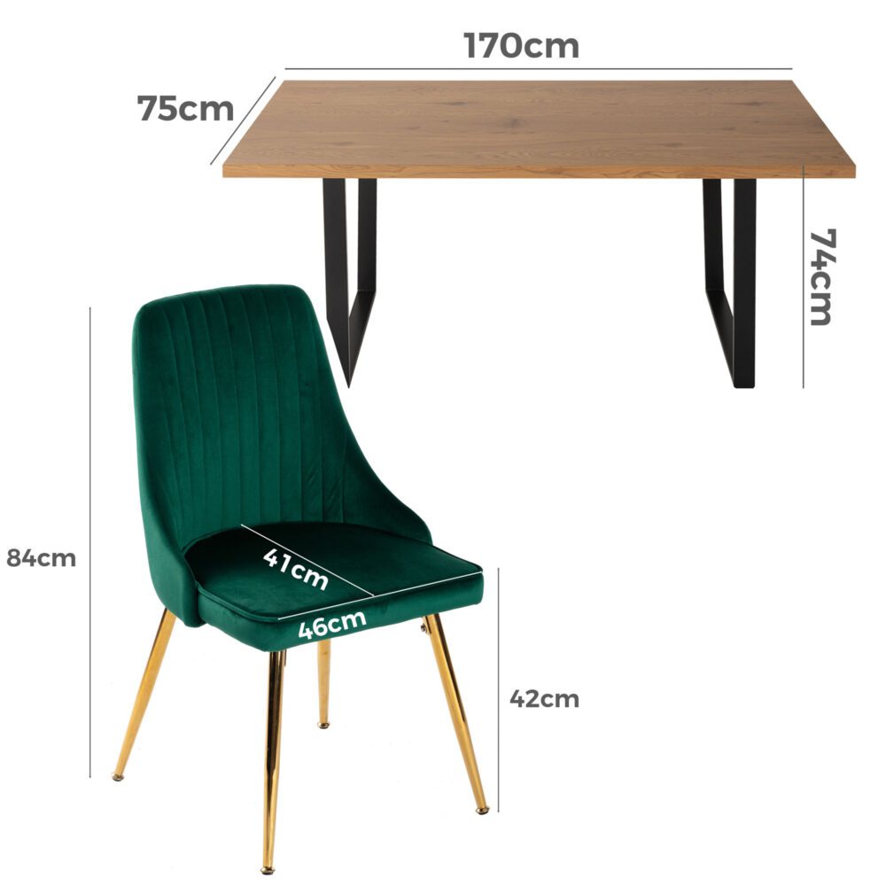 Dining Set Rectangle Natural Table with 6 Green Velvet Chair