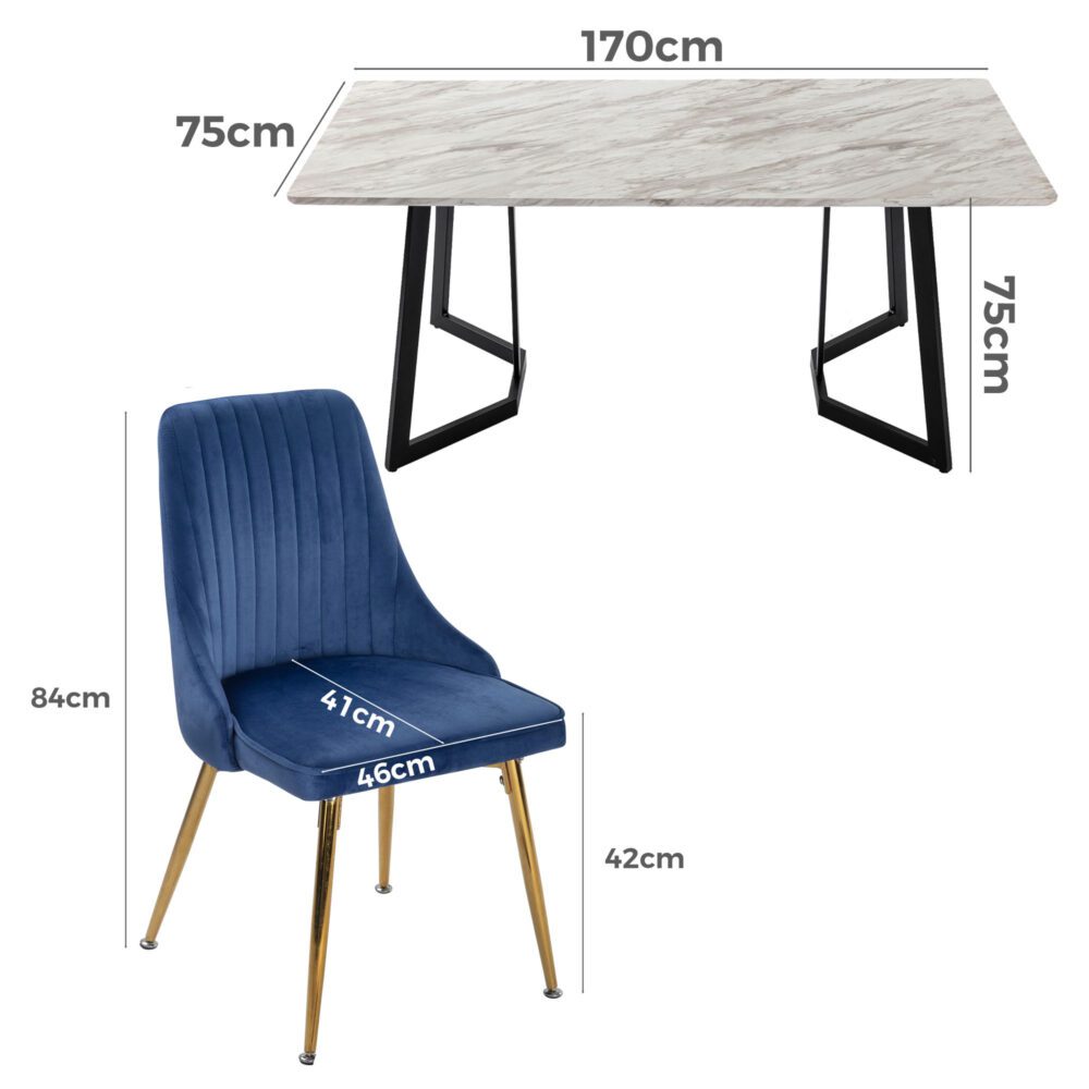 Rectangular Marble-Effect Table and Blue Velvet Dining Chair Sets