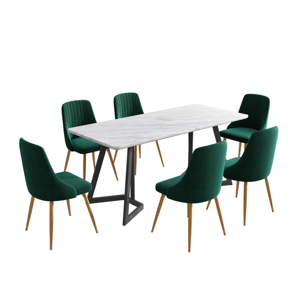 Rectangular Marble-Effect Table and Green Velvet Dining Chair Sets