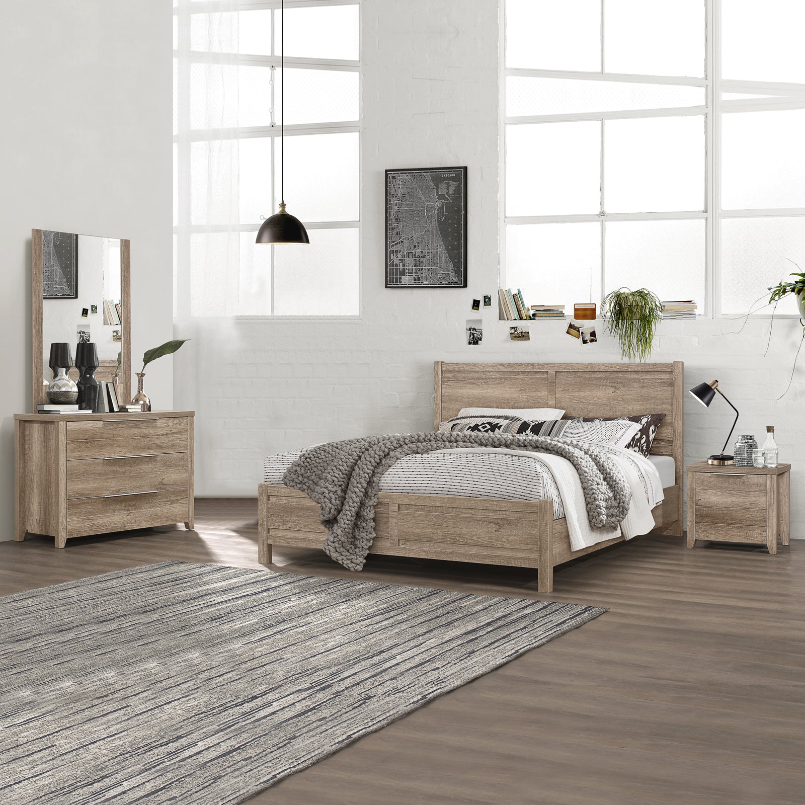 5 Pieces Bedroom Suite Natural Wood Like MDF Structure Double Size Oak Colour Bed, Bedside Table, Tallboy & Dresser