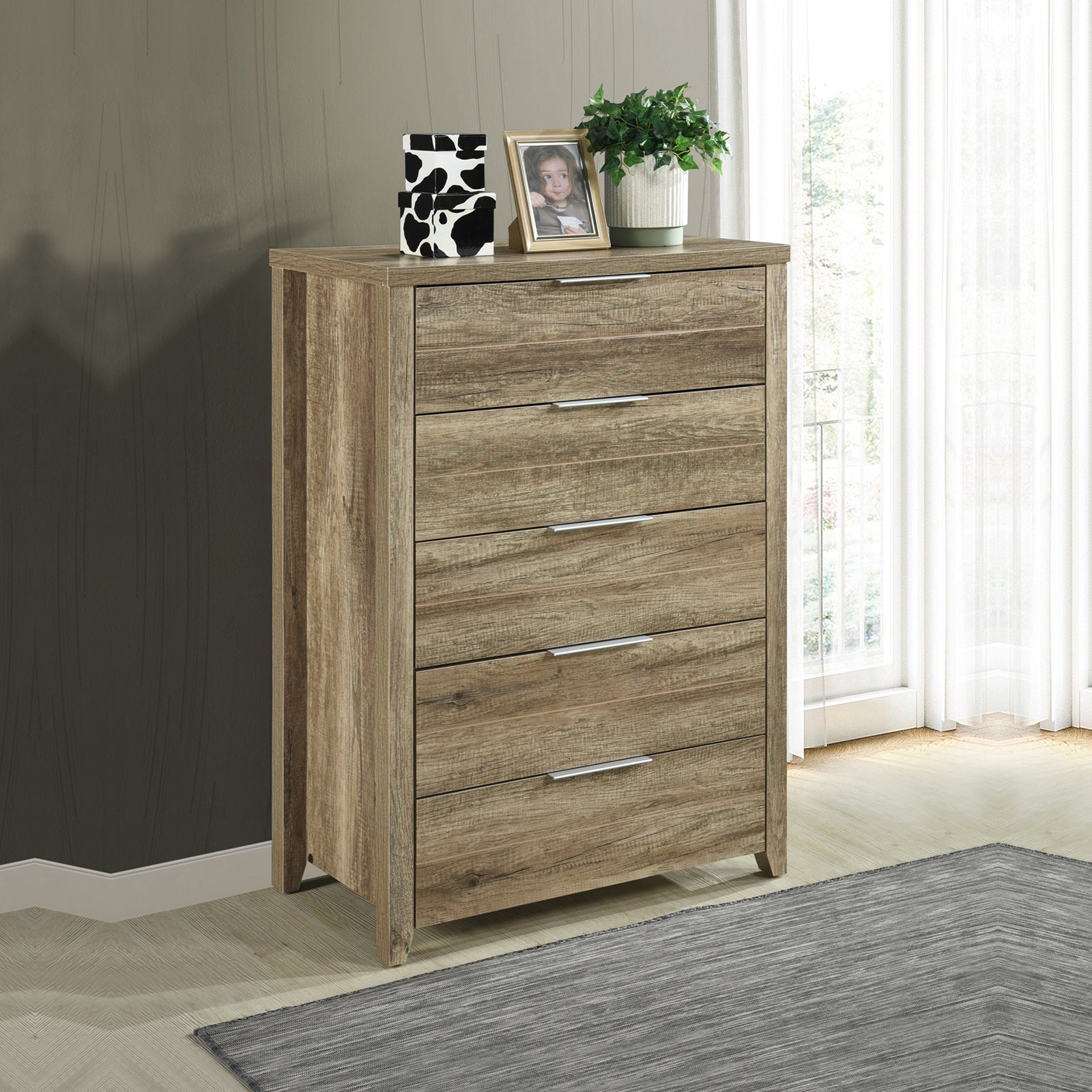 5 Pieces Bedroom Suite Natural Wood Like MDF Structure Double Size Oak Colour Bed, Bedside Table, Tallboy & Dresser