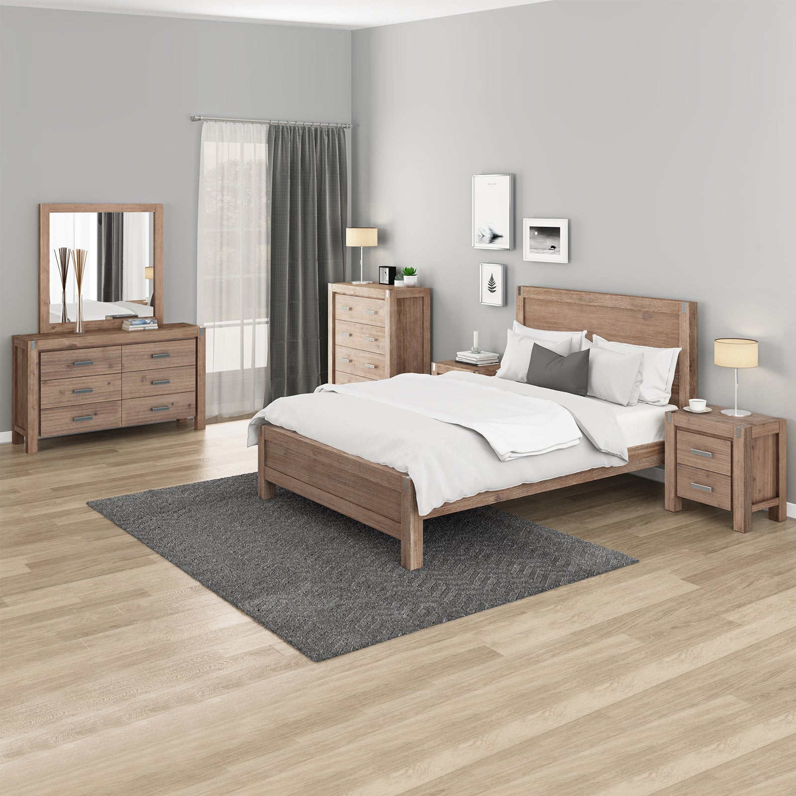 5 Pieces Bedroom Suite in Solid Wood Veneered Acacia Construction Timber Slat Single Size Oak Colour Bed, Bedside Table , Tallboy & Dresser