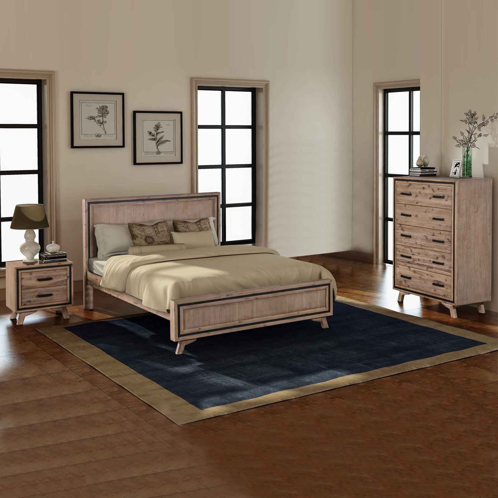 4 Pieces Bedroom Suite Queen Size Silver Brush in Acacia Wood Construction Bed, Bedside Table & Tallboy
