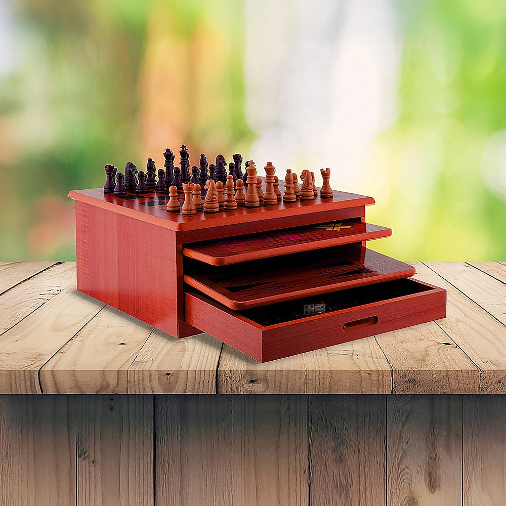 10 in 1 Wooden Chess Board Games Slide Out Checkers House Unit Set