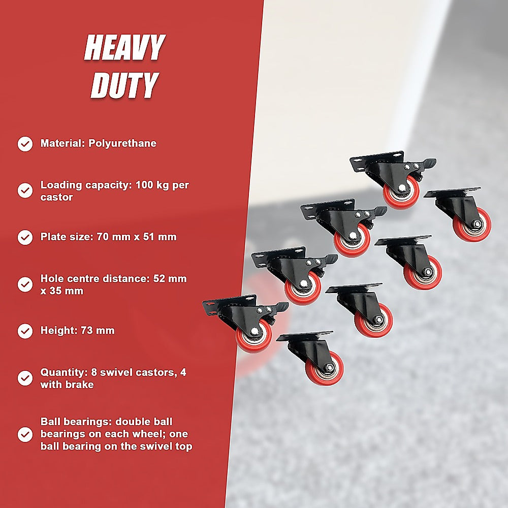 8 x 2" Polyurethane Castor Wheels - Swivel and 4 with brake