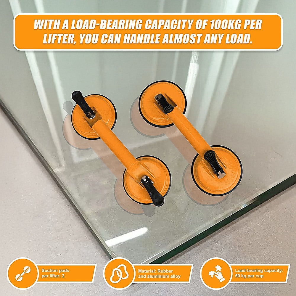 2x 100kg Aluminum Alloy Double Locking Suction Cup Glazer Glass Sucker Lifter