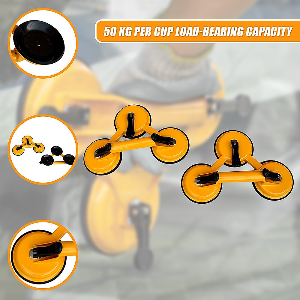 2x 150kg Load Aluminum Triple Suction Cup Pad Glazer Glass Sucker Remover Lifter