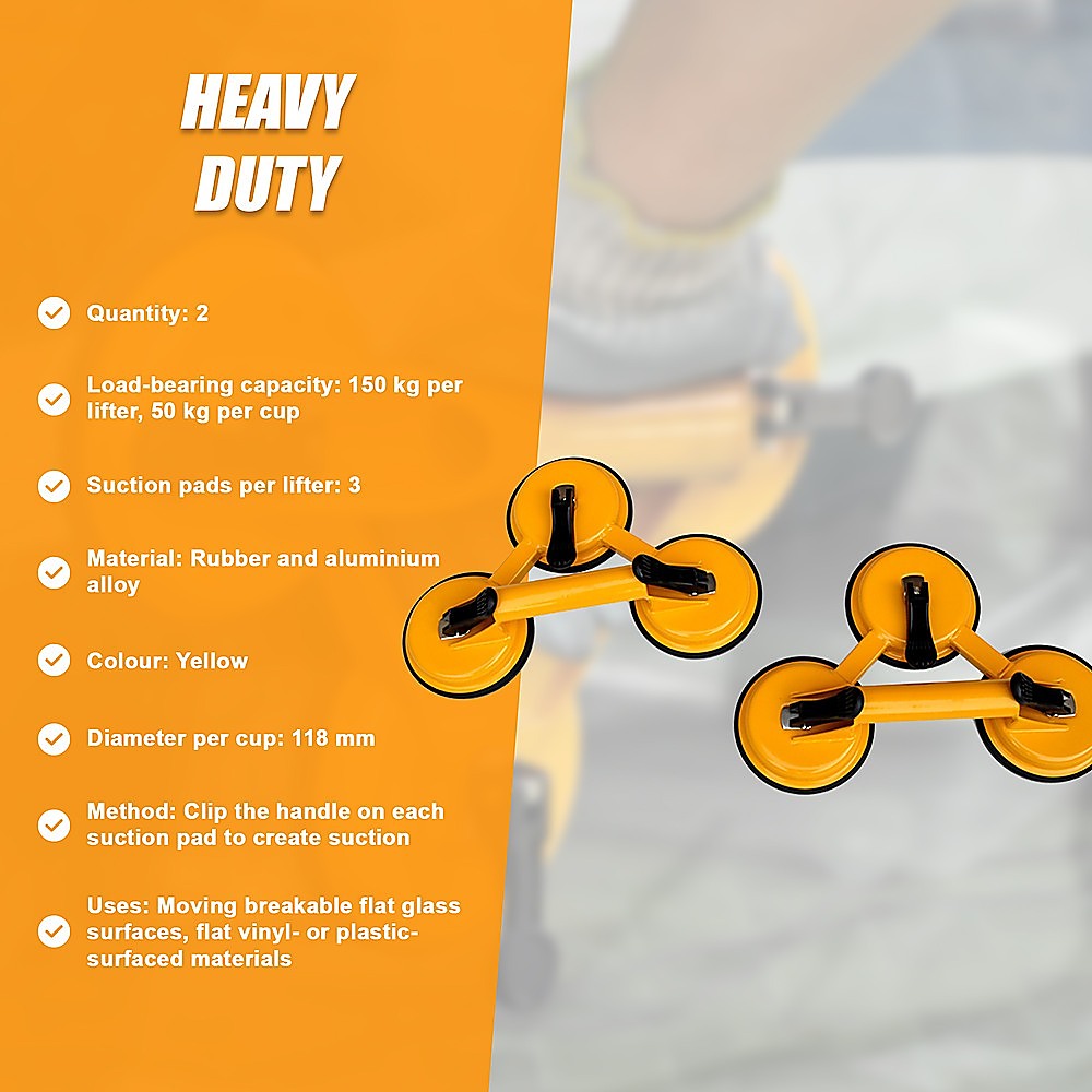 2x 150kg Load Aluminum Triple Suction Cup Pad Glazer Glass Sucker Remover Lifter