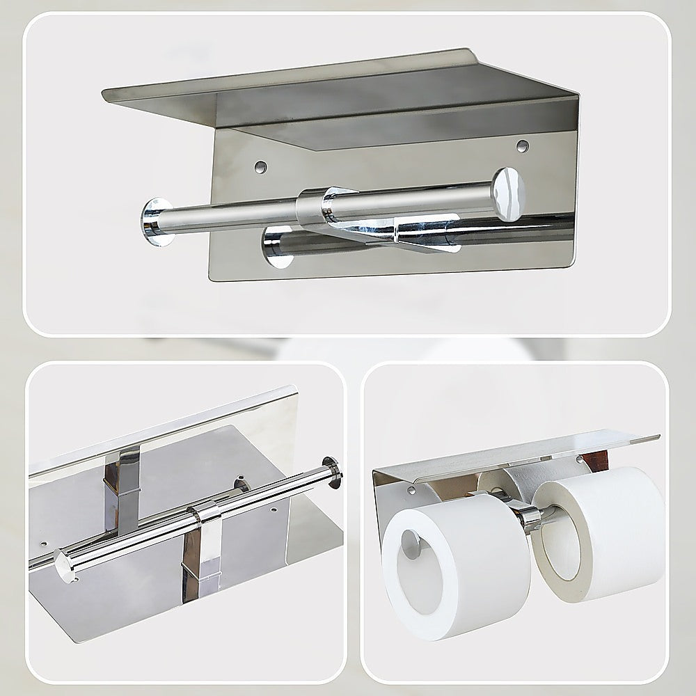 Stainless Steel Double Toilet Paper Holder Towel Roll Tissue Rack Storage Shelf