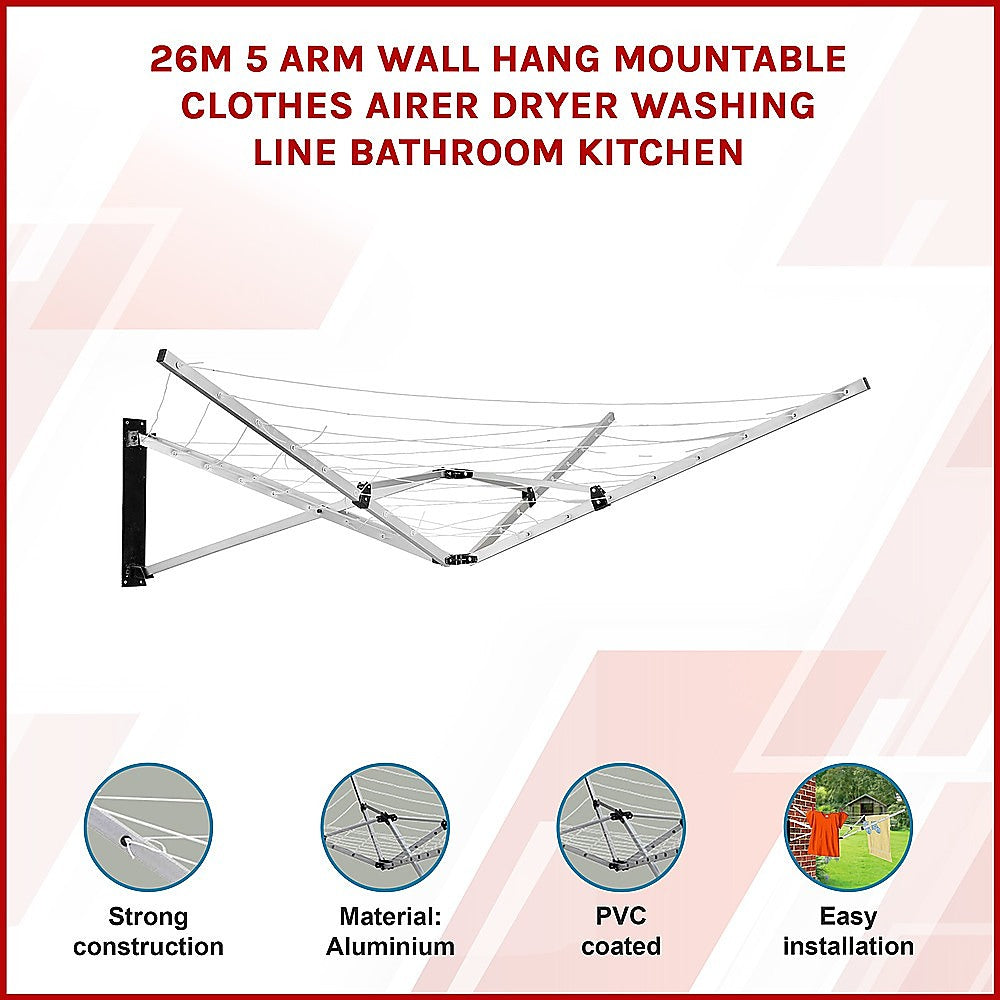 26m 5 Arm Wall Hang Mountable Clothes Airer Dryer Washing Line Bathroom Kitchen