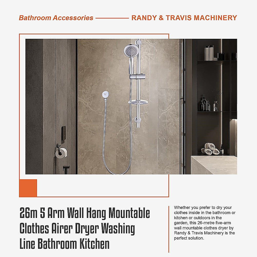 26m 5 Arm Wall Hang Mountable Clothes Airer Dryer Washing Line Bathroom Kitchen