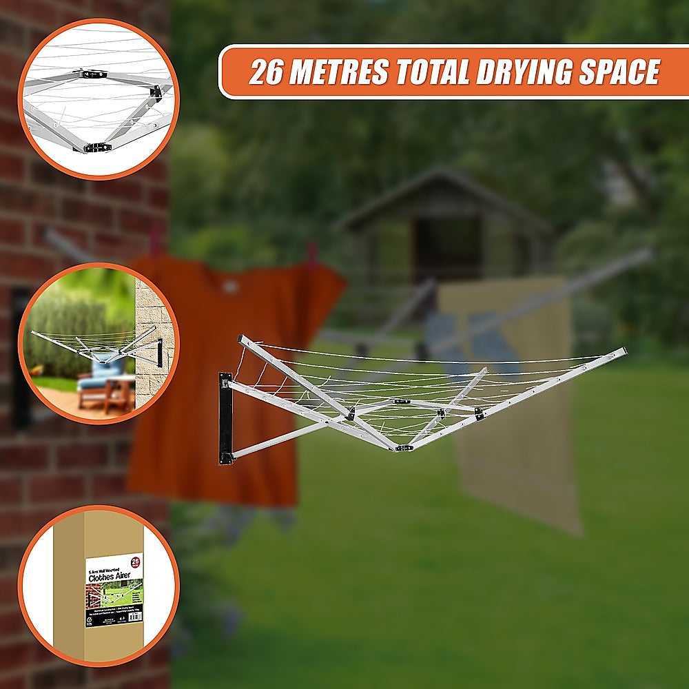 26m 5 Arm Wall Hang Mountable Clothes Airer Dryer Washing Line Bathroom Kitchen