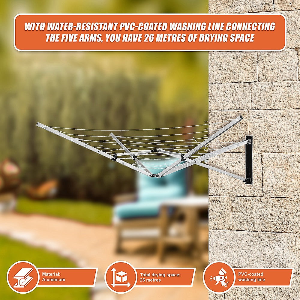 26m 5 Arm Wall Hang Mountable Clothes Airer Dryer Washing Line Bathroom Kitchen