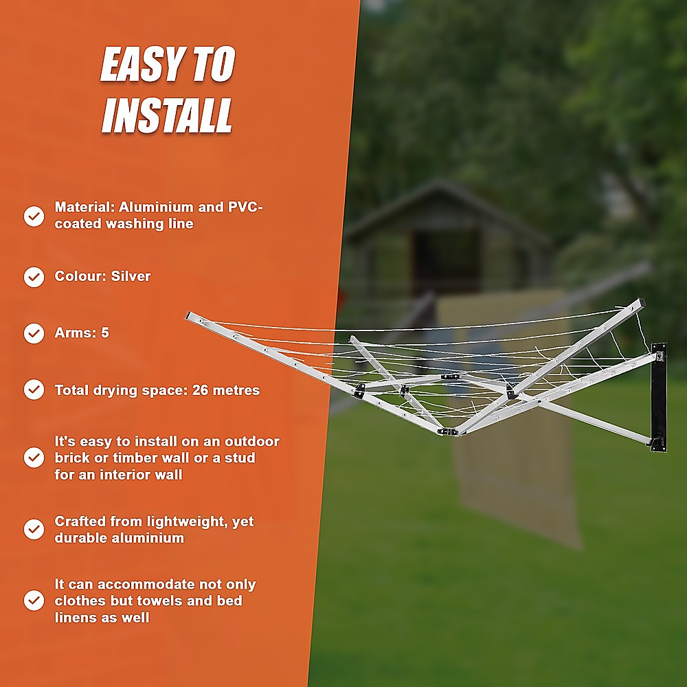 26m 5 Arm Wall Hang Mountable Clothes Airer Dryer Washing Line Bathroom Kitchen