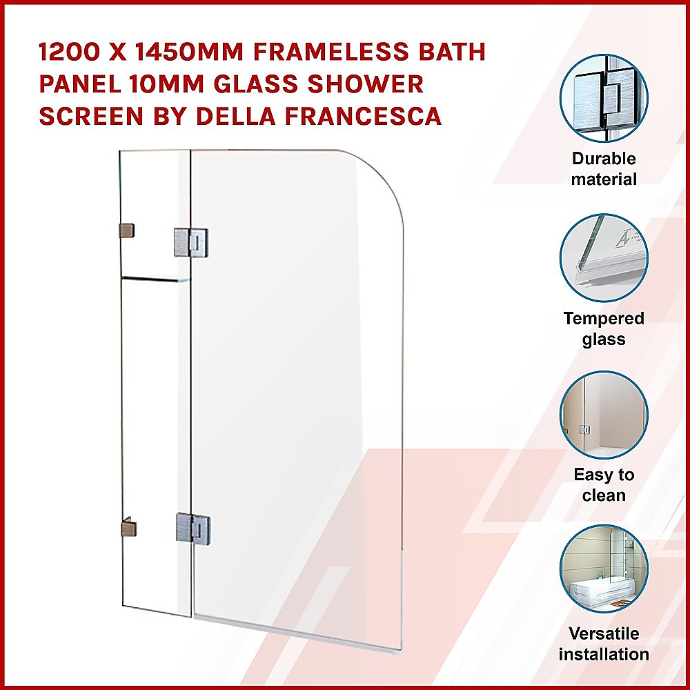 1200 x 1450mm Frameless Bath Panel 10mm Glass Shower Screen Nickel Finish By Della Francesca