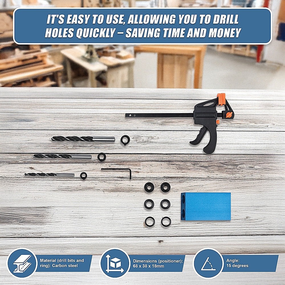 14X Pocket Hole Jig Kit Woodworking Drill Hole Locator Craft Carpenters + F Clip