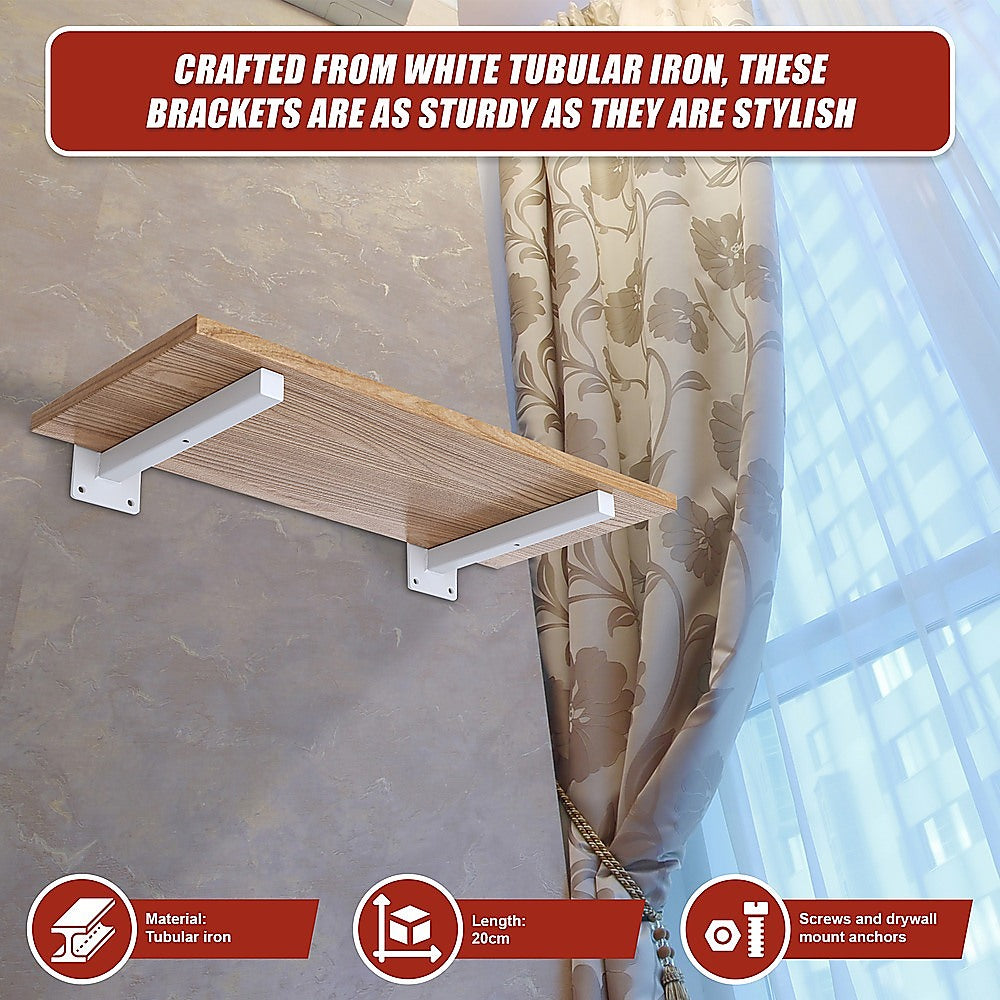20cm Floating Shelf Brackets Industrial Metal Shelving Supports 4-Pack - White