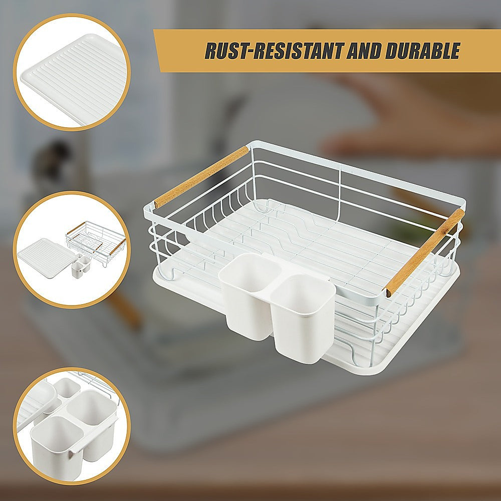 Metal Dish Drying Rack Drainboard Holder Tray Kitchen Plates Cutlery Wood Handle