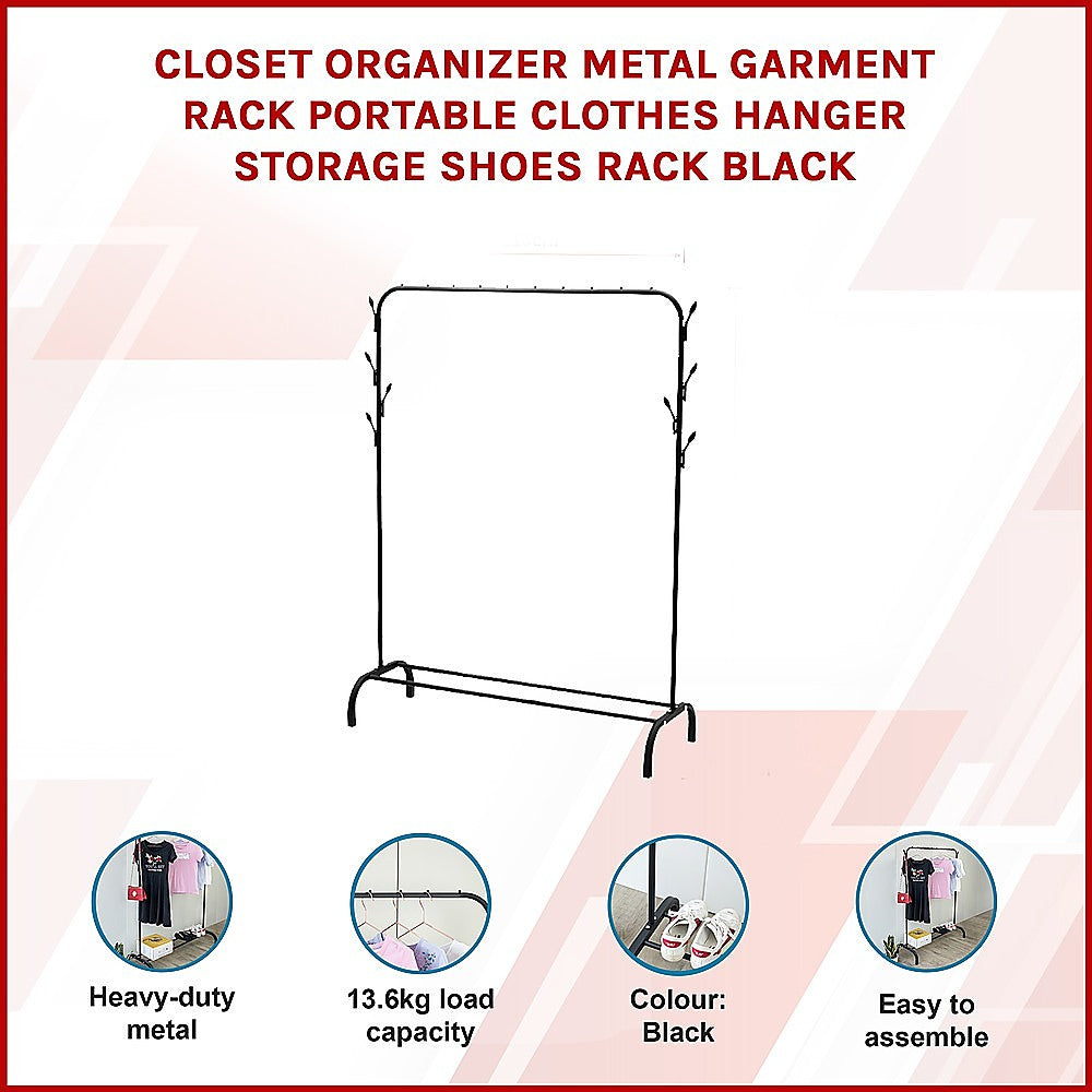 Closet Organizer Metal Garment Rack Portable Clothes Hanger Storage Shoes Rack Black