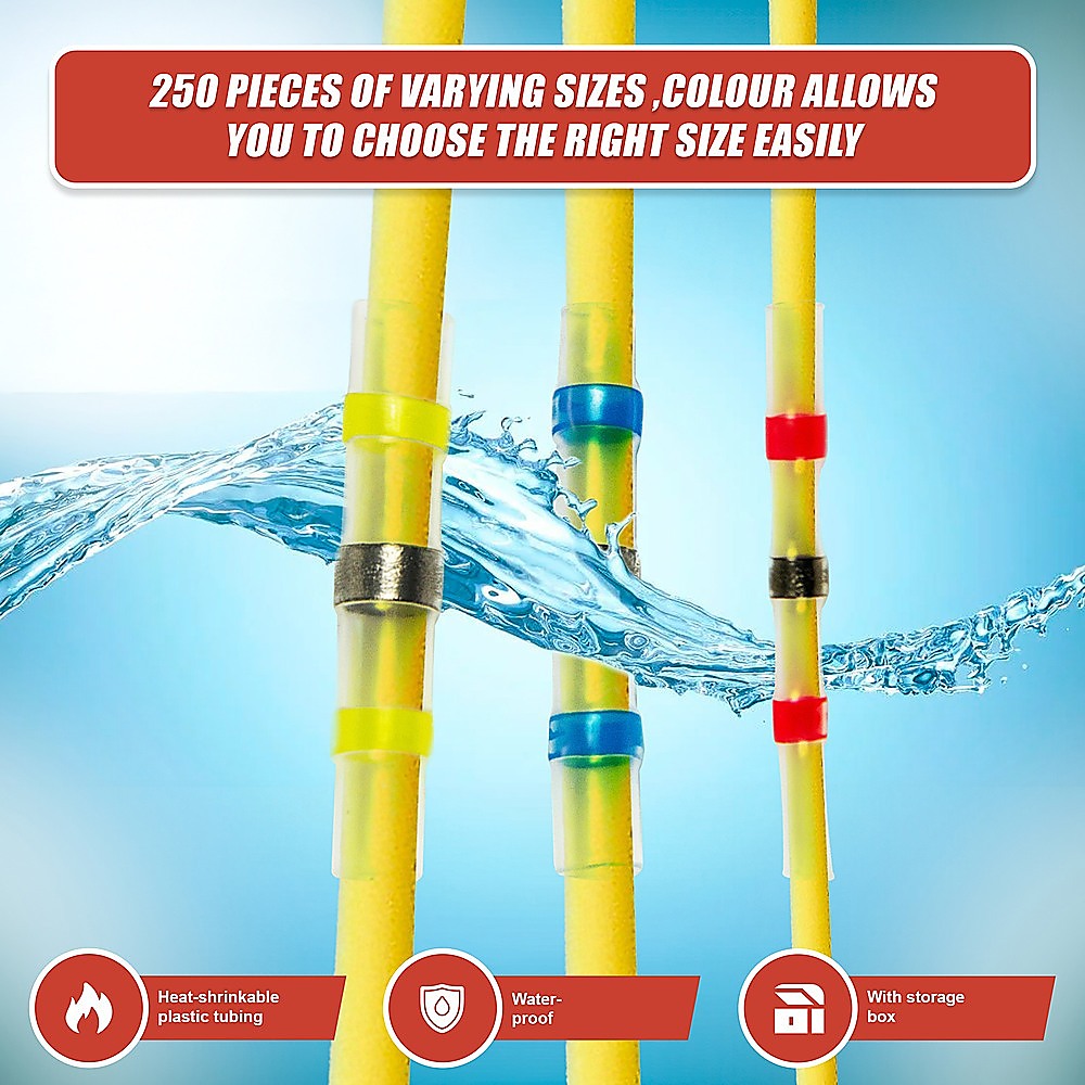 250PCS Waterproof Solder Seal Sleeve Heat Shrink Butt Wire Connectors Terminals