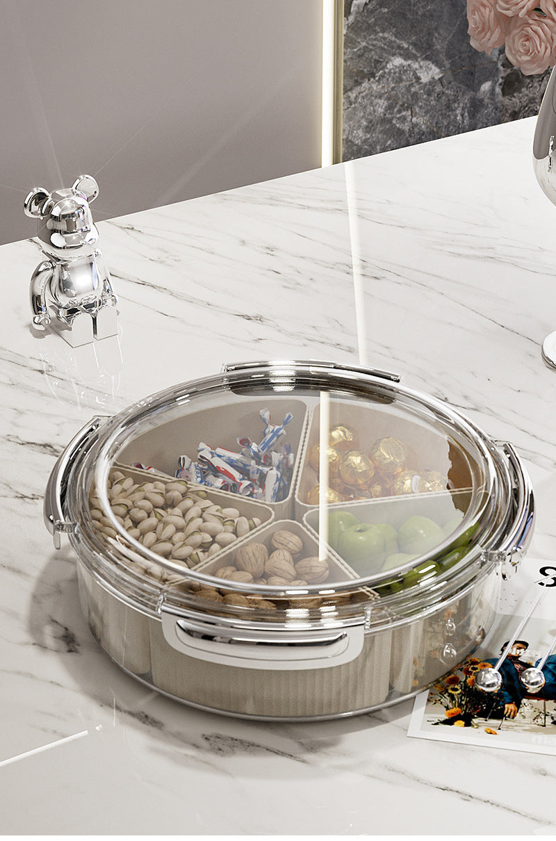 Beige And Silver Snap Button Elegant Compartment Serving Tray with Lid - Versatile Snack, Fruit & Candy Box