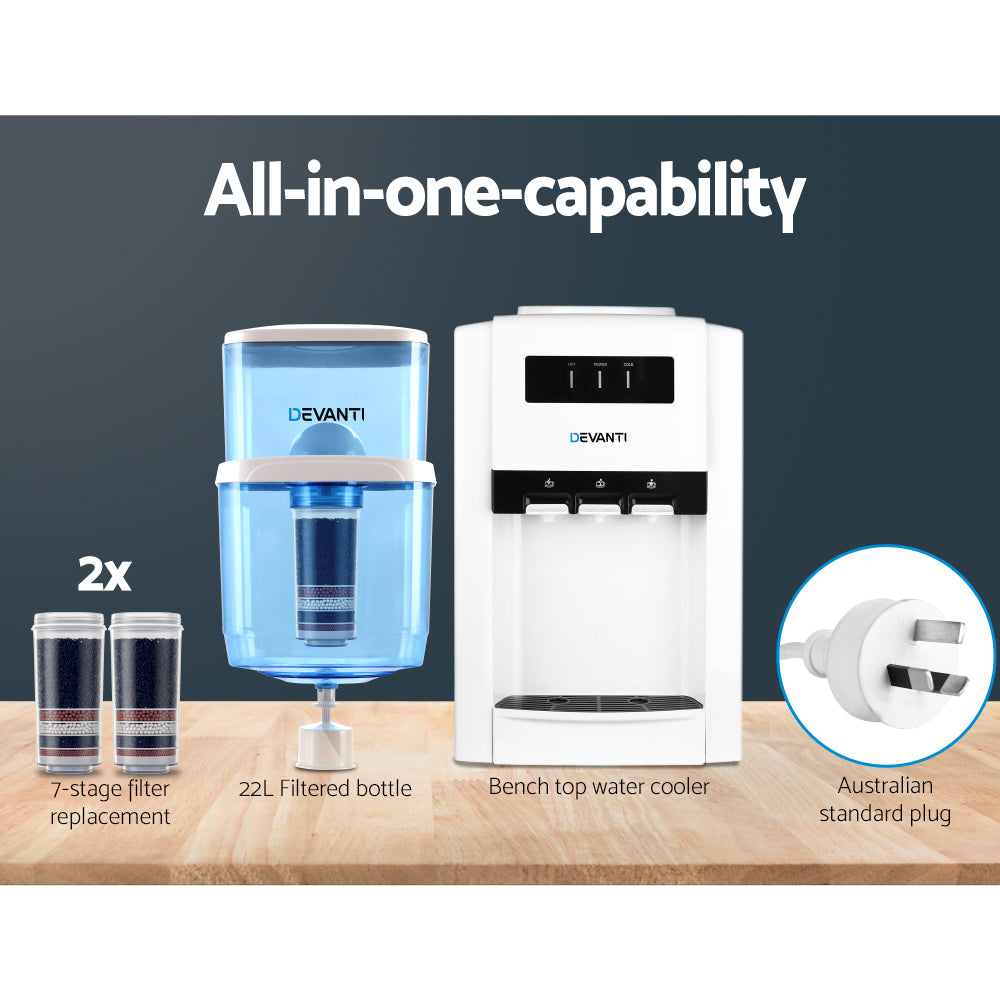 Devanti 22L Bench Top Water Cooler Dispenser Purifier Hot Cold Three Tap with 2 Replacement Filters