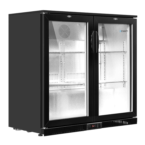 Devanti Bar Fridge 2 Glass Door Commercial Display Freezer Drink Beverage Cooler Black