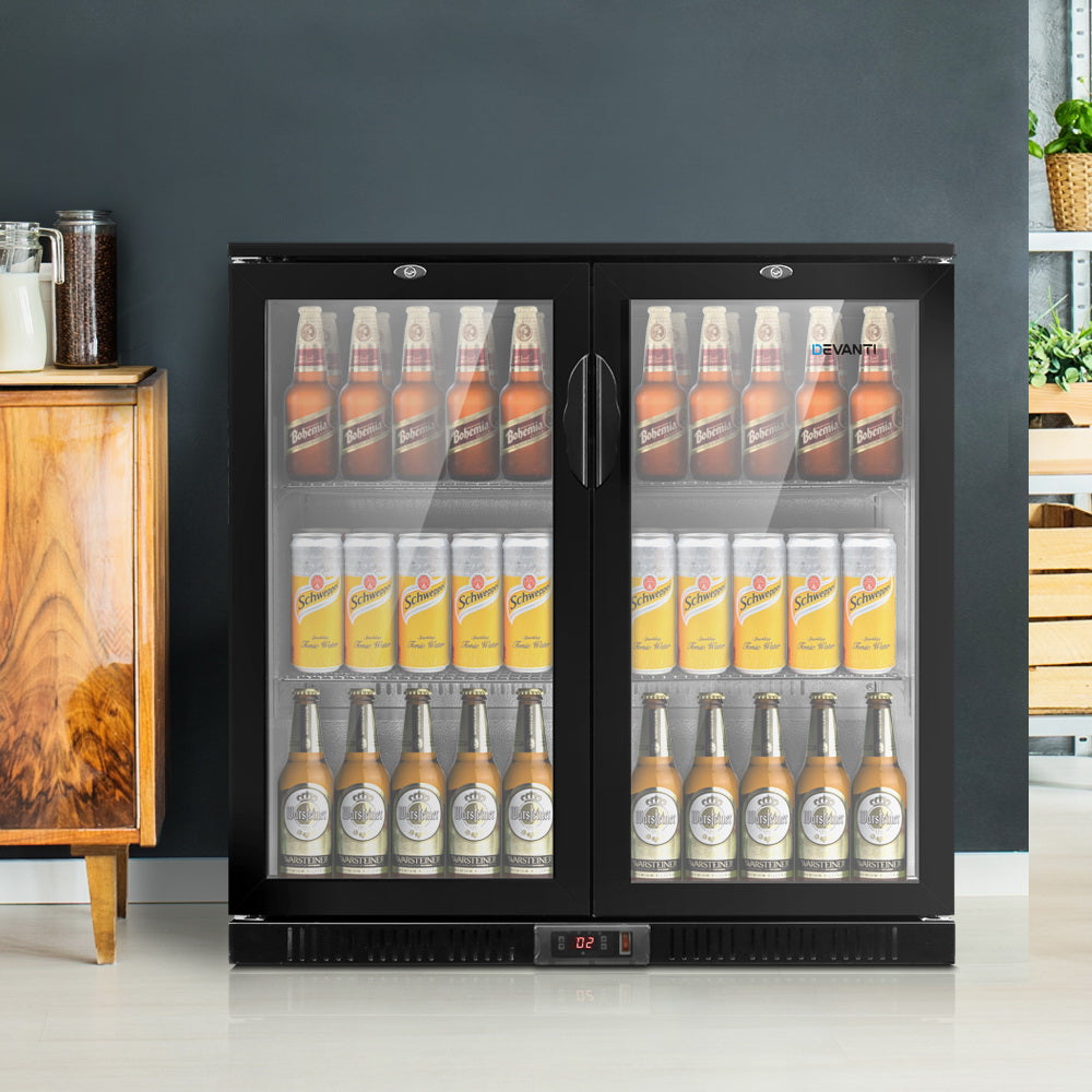 Devanti Bar Fridge 2 Glass Door Commercial Display Freezer Drink Beverage Cooler Black