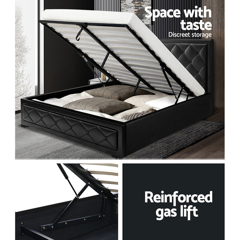 Artiss Tiyo Bed Frame PU Leather Gas Lift Storage - Black Double