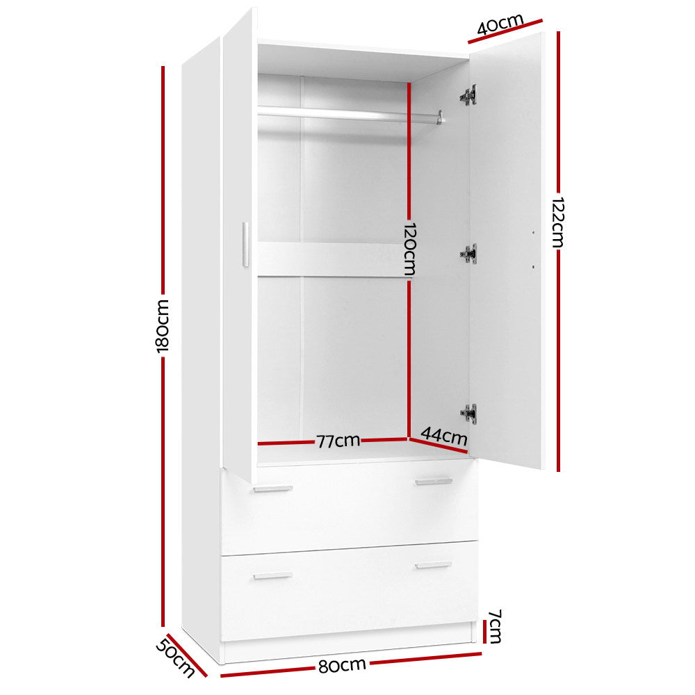 Artiss 2 Doors Wardrobe Bedroom Closet Storage Cabinet Organiser Armoire 180cm White